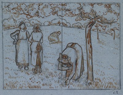 Studium kompozycyjne czterech chłopek pracujących w sadzie ("Wiosna"), ok. 1894 (tusze czerwonobrązowy i indyjski na niebieskim papierze, węgiel drzewny) autorstwa Camille Jacob Pissarro